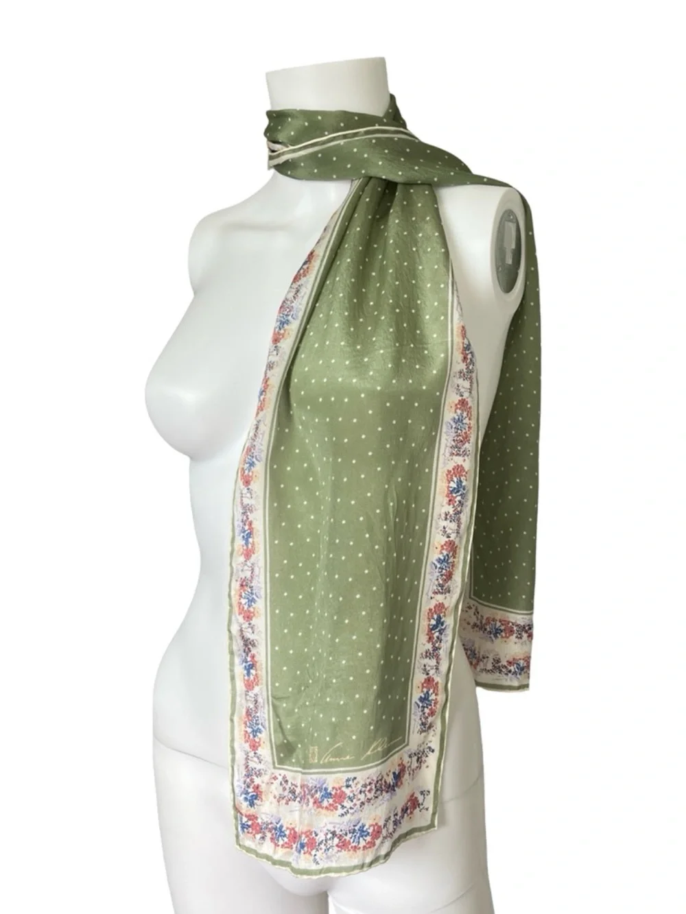 Vintage Anne Klein Long silk Scarf Floral Polka Dot Sheer Cottagecore